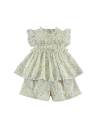Girls Sweet Floral Embroidered Ruffled Top And Shorts Set