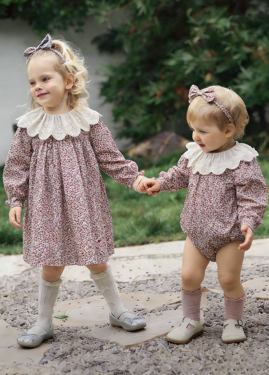 Girls Sweet Floral Dollar Collar Dress With Headband