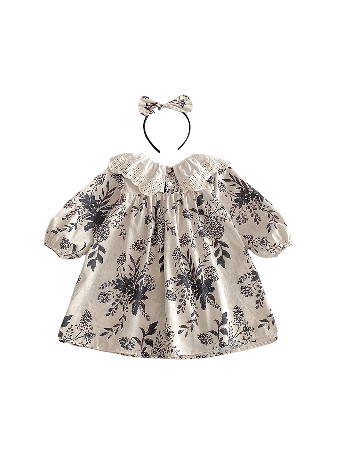 Girls Sweet Floral Dollar Collar Dress With Headband