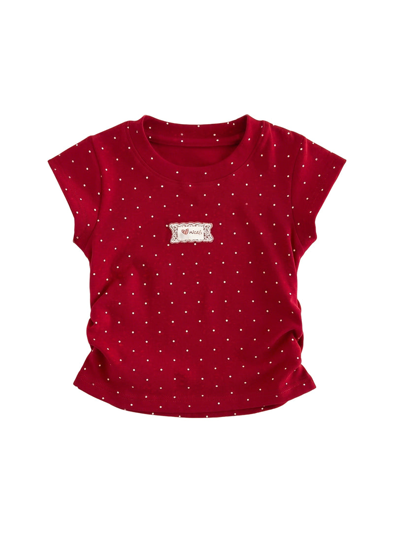 Girls Summer Polka Dot T-Shirt Kids Soft Cotton Short Sleeve Crewneck Top with Cute Patch Detail