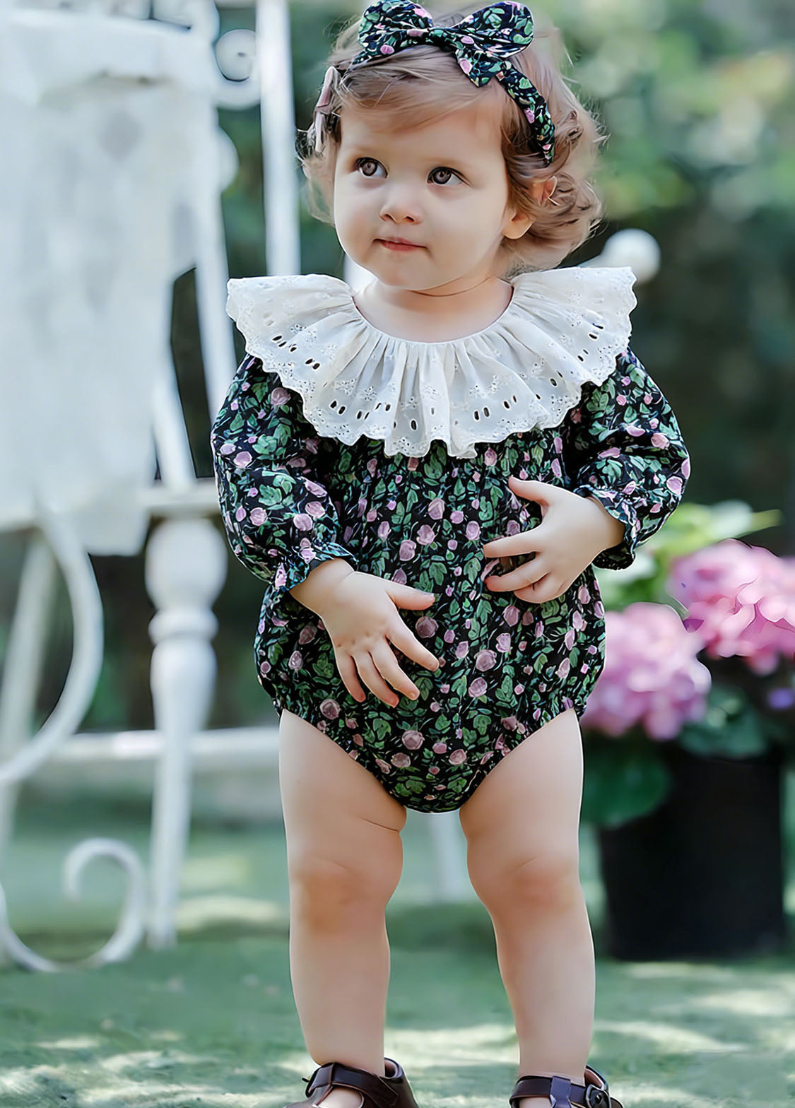 Baby Girls Retro Floral Dollar Collar Romper With Hairband