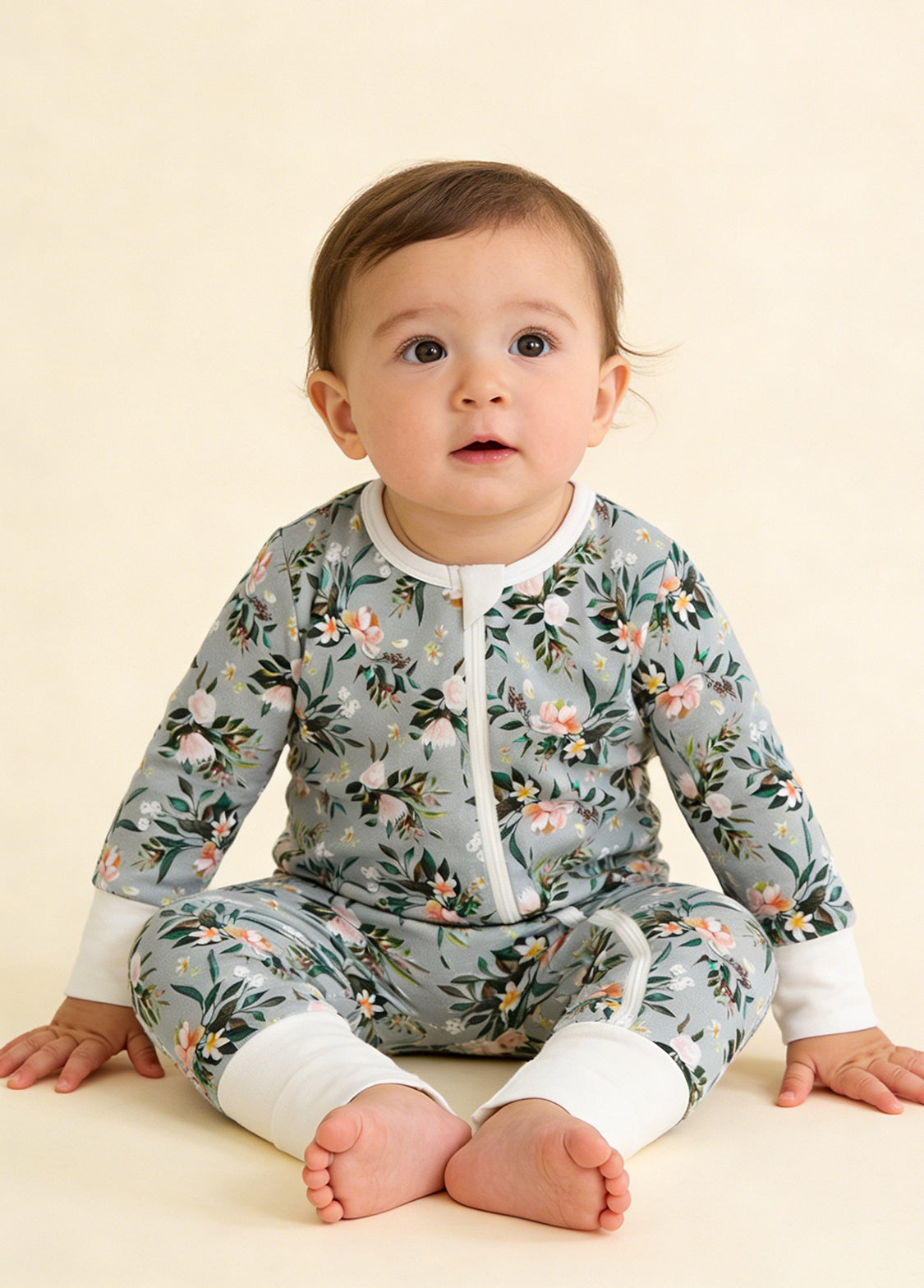 Baby Boy's Bamboo Fiber Floral Zip-Up Romper Pajamas