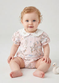 Baby Girl's Summer Antibacterial & Breathable Bamboo Fiber Short-Sleeve Romper with Swan Print