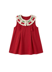 Toddler Girls Summer Sleeveless Red Dress Kids Sweet Crochet Lace Collar A-Line Sundress with Cherry Embroidery