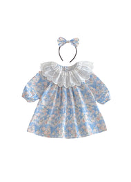 Girls Sweet Floral Dollar Collar Dress With Headband