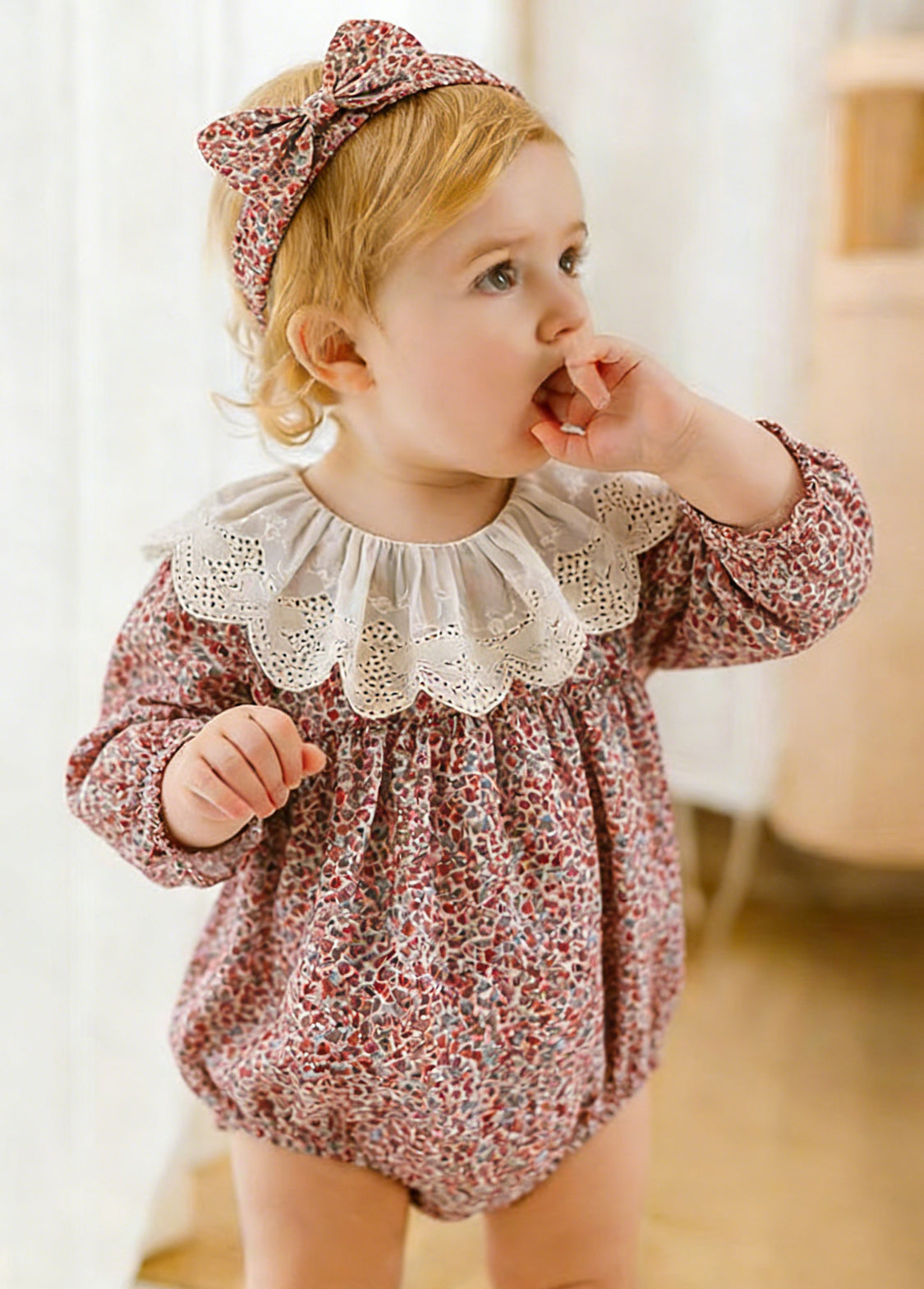 Baby Girls Retro Floral Dollar Collar Romper With Hairband