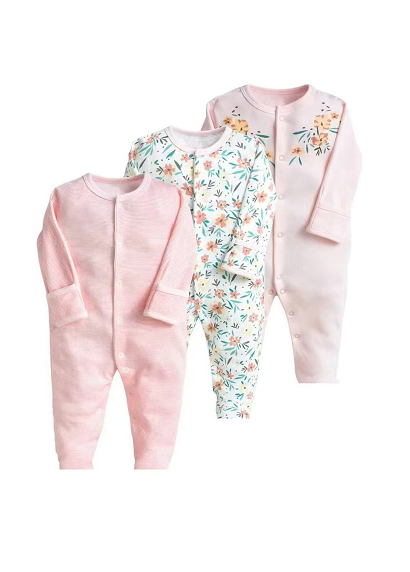 3-Pack Baby Girl Cotton Cute Printed Long-Sleeved Romper