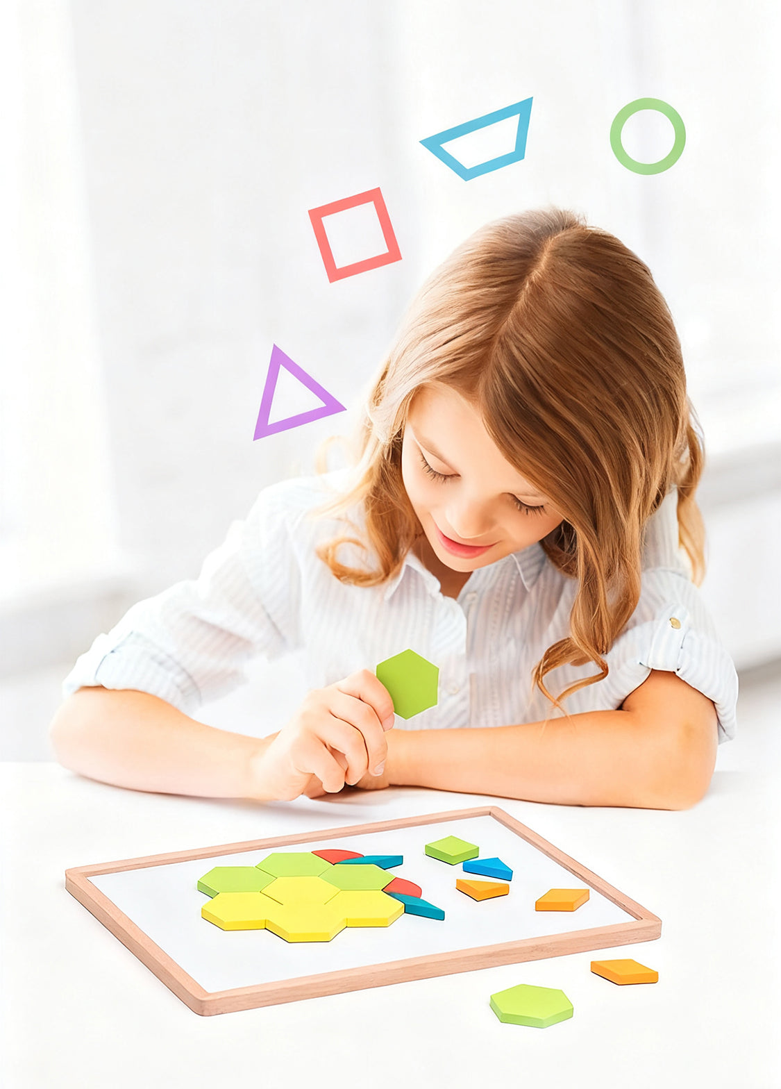 Magnetic Wooden Pattern Blocks Set – Montessori STEM Geometry Learning Toy for Kids 3+