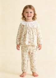 Girl Cute Soft Cotton Floral Animal Print Ruffles Long-sleeved Homewear Set