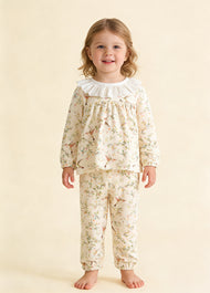 Girl Cute Soft Cotton Floral Animal Print Ruffles Long-sleeved Homewear Set
