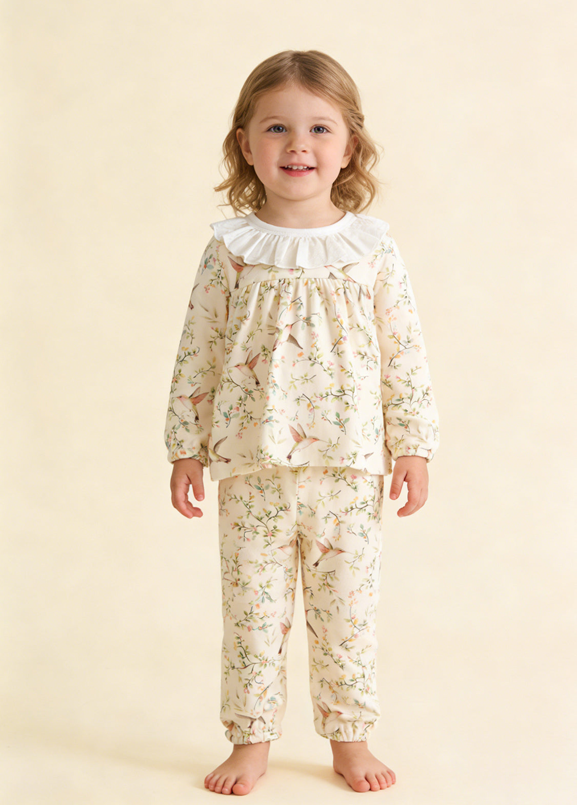 Girl Cute Soft Cotton Floral Animal Print Ruffles Long-sleeved Homewear Set