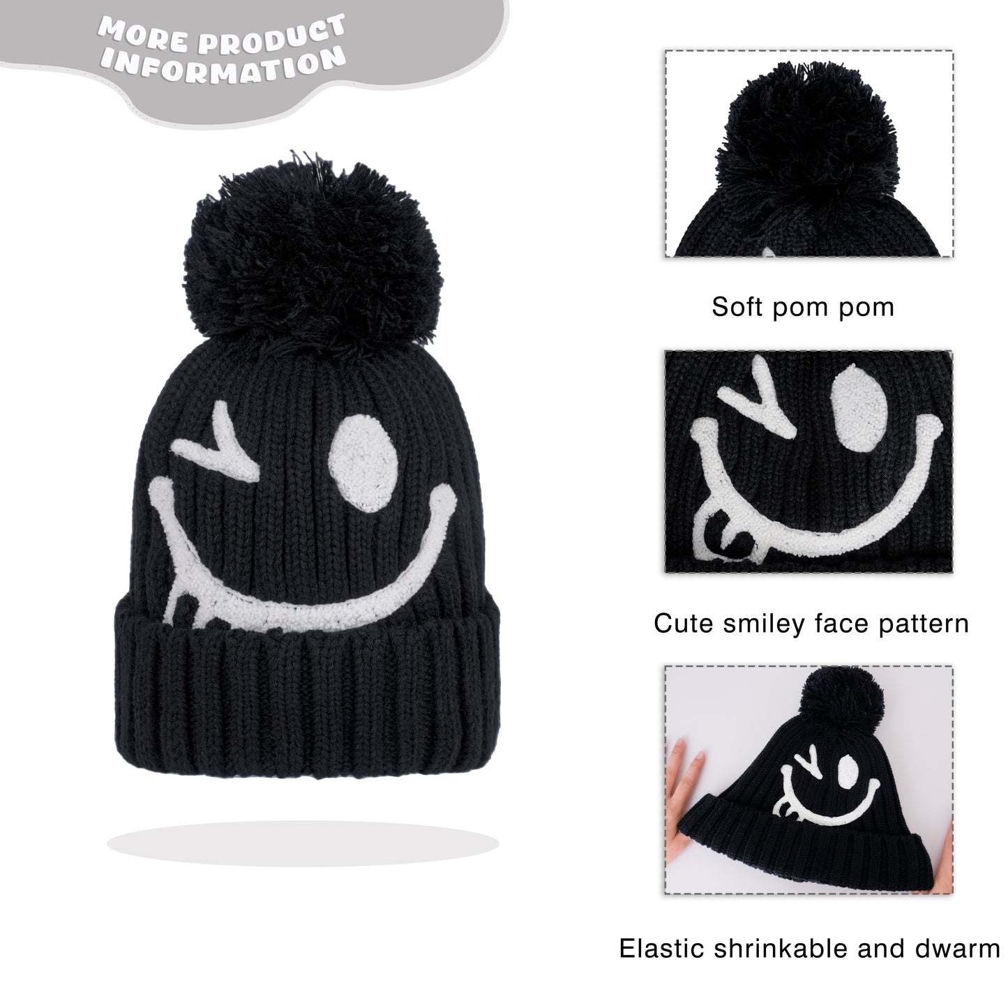 Children Toddler Soft Rib-Knit Beanie Foldover Cuff with Smile Face
