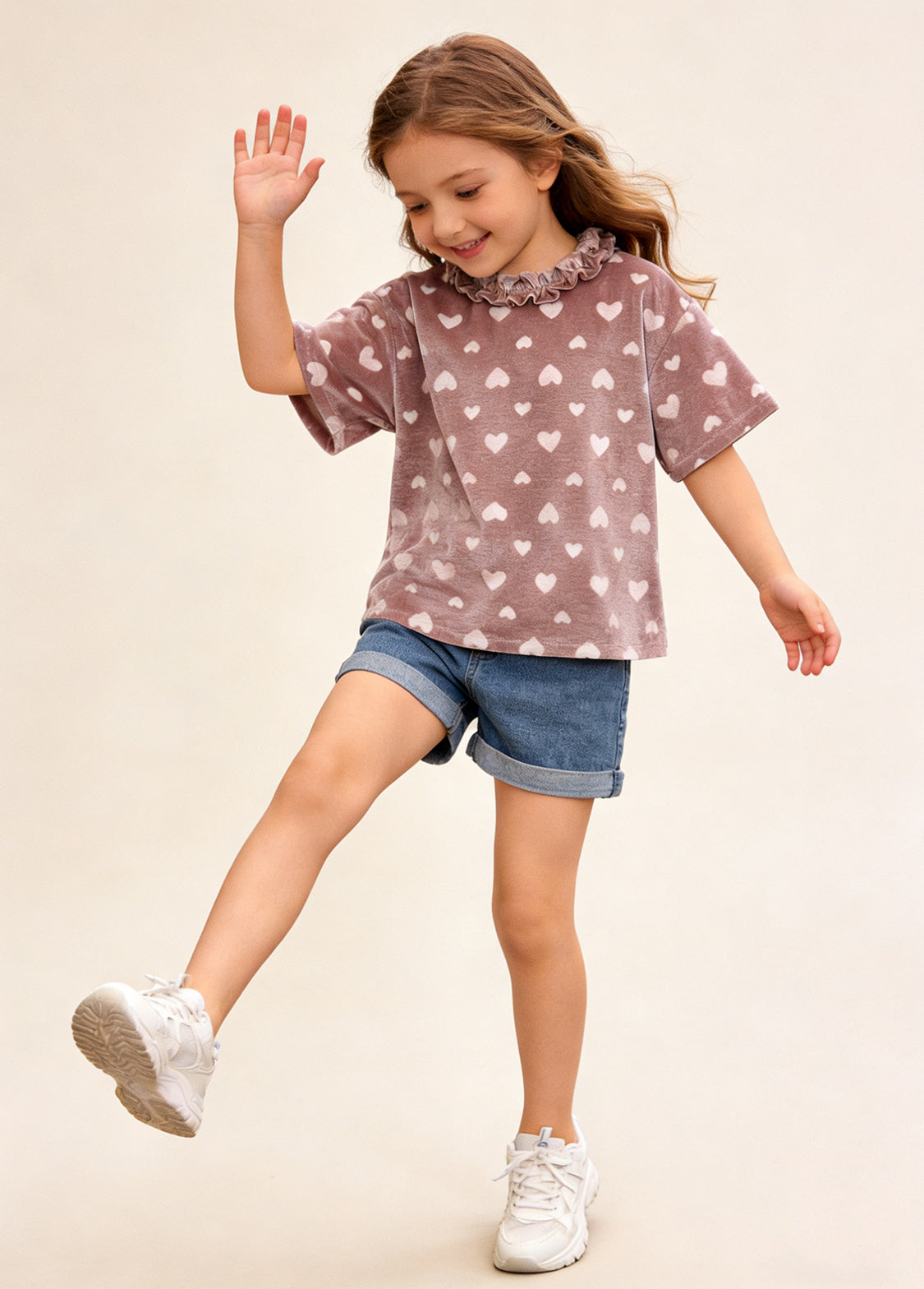 Girls Cotton Heart Print Short Sleeve Top
