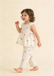 Girls Cute Bow-print Lace Dollar Collar Sleeveless Top And Pants Set