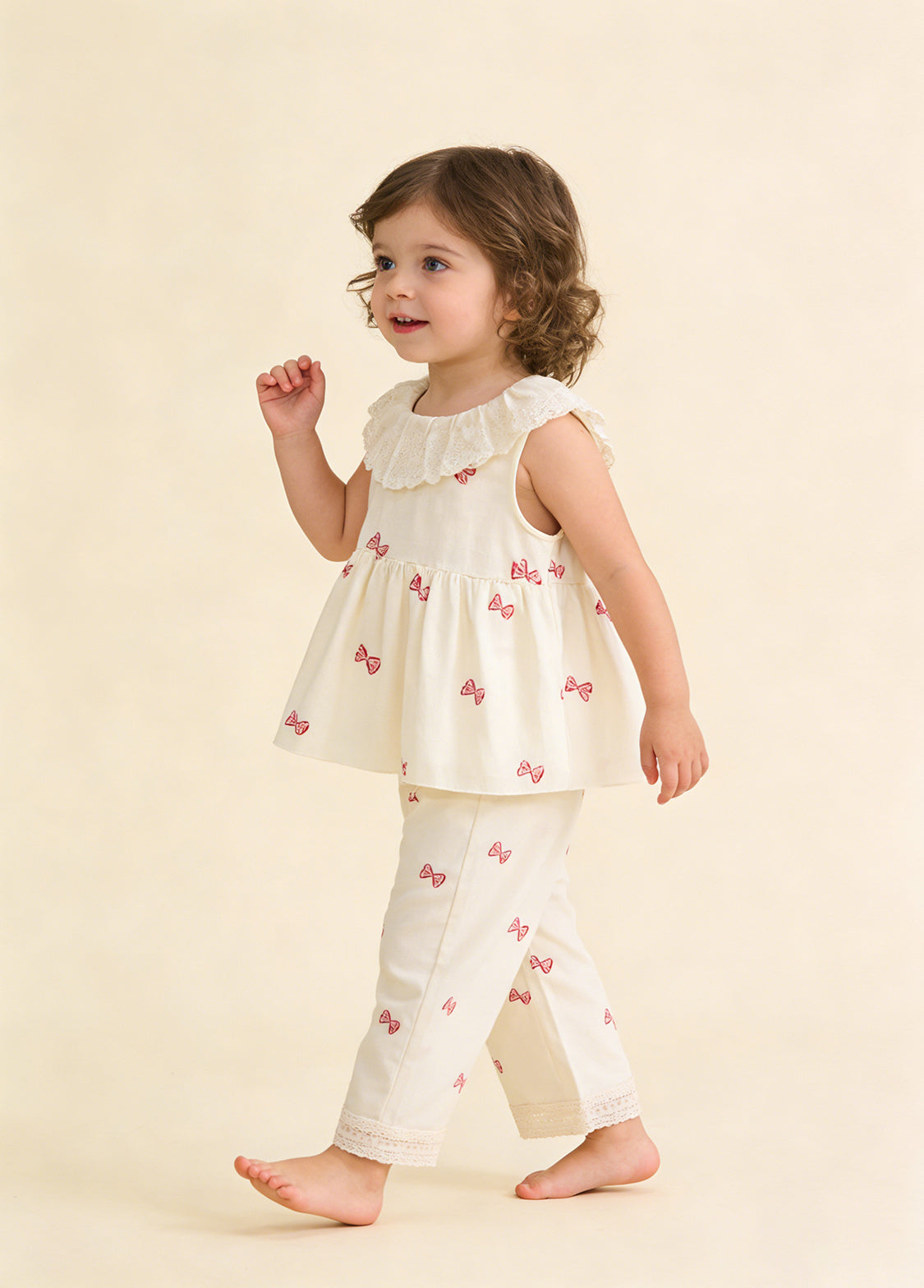 Girls Cute Bow-print Lace Dollar Collar Sleeveless Top And Pants Set
