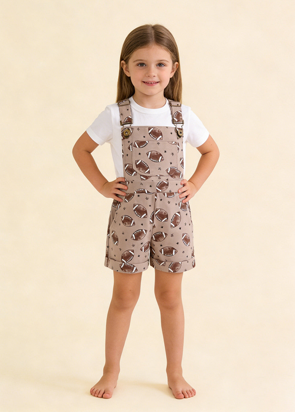 Girls Bow Print Denim Overall Shorts