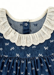 Girls Sweet Denim Bow Print Lace Dollar Collar Dress