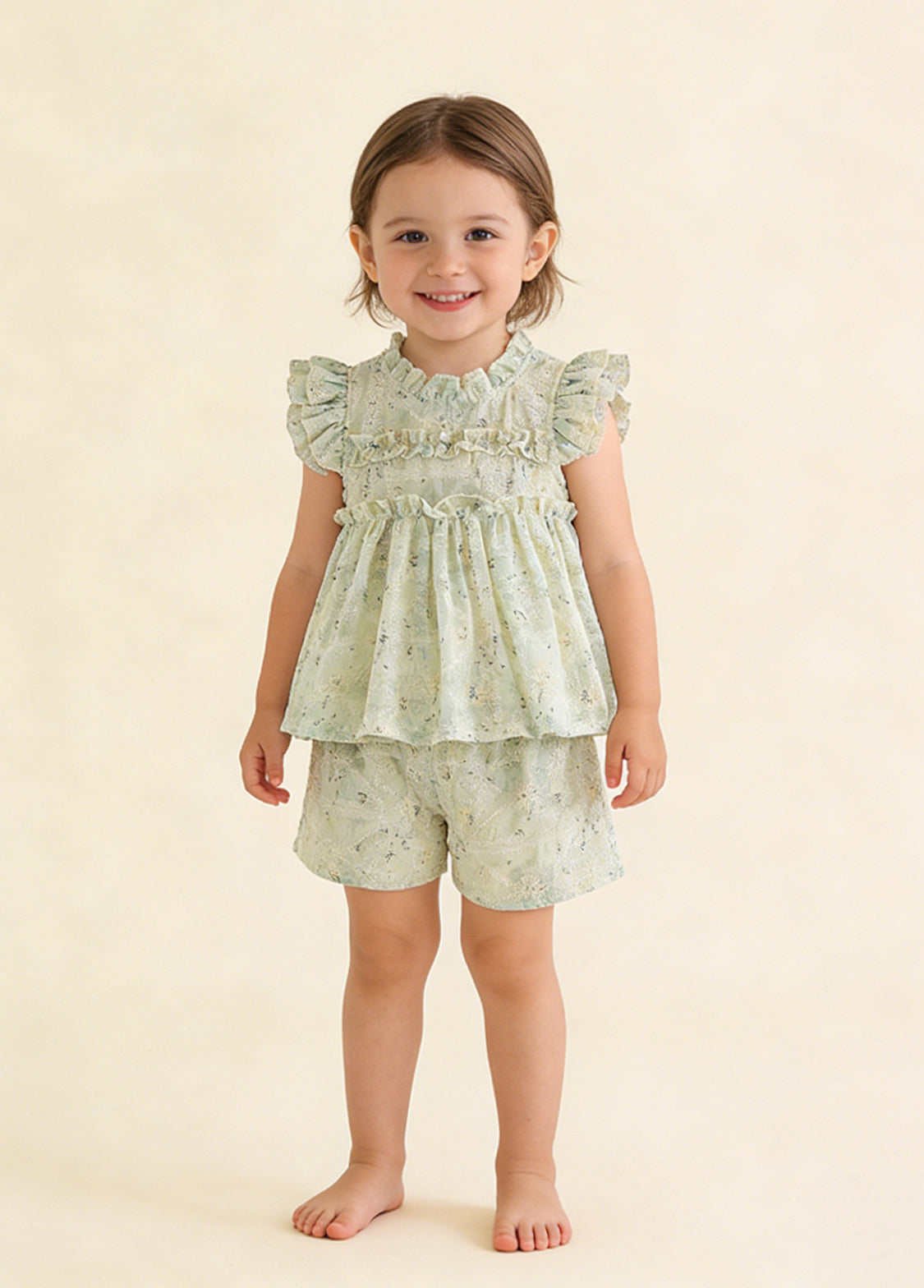 Girls Sweet Floral Embroidered Ruffled Top And Shorts Set