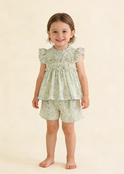 Girls Sweet Floral Embroidered Ruffled Top And Shorts Set