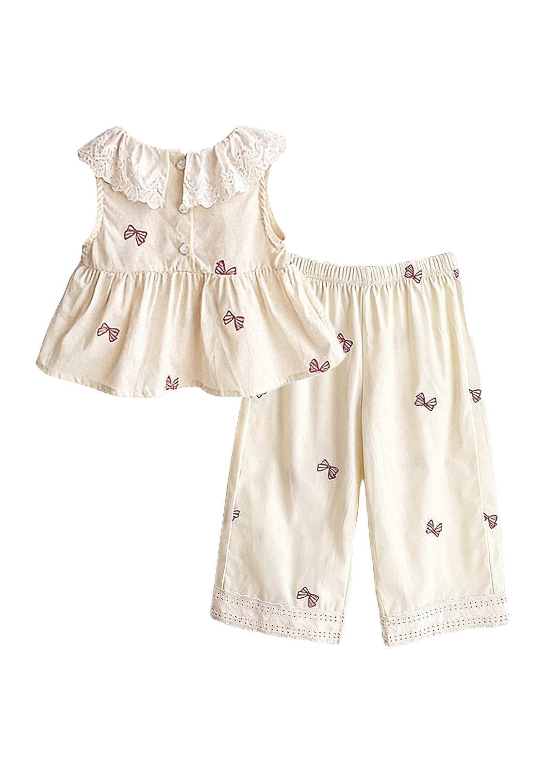 Girls Cute Bow-print Lace Dollar Collar Sleeveless Top And Pants Set