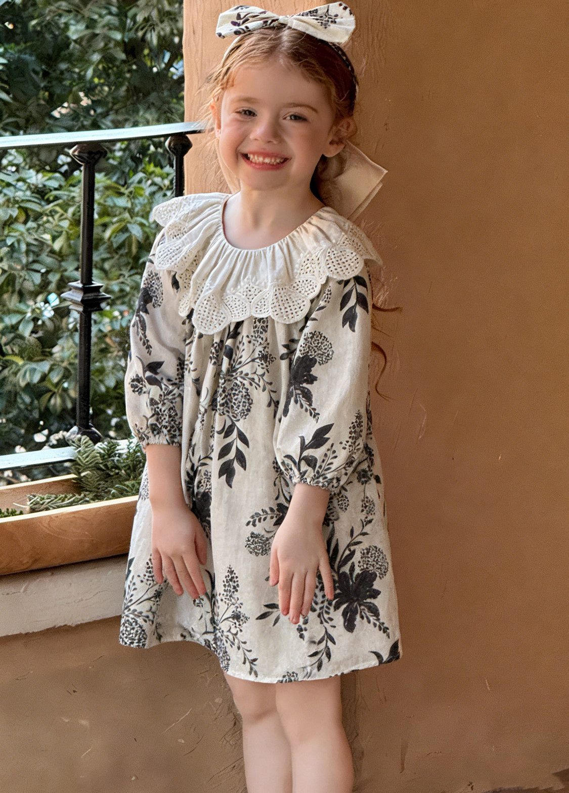 Girls Sweet Floral Dollar Collar Dress With Headband