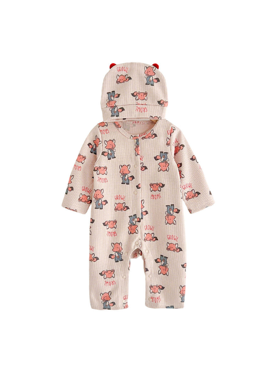 Baby Cute Cartoon Print Long-sleeved Romper With Hood