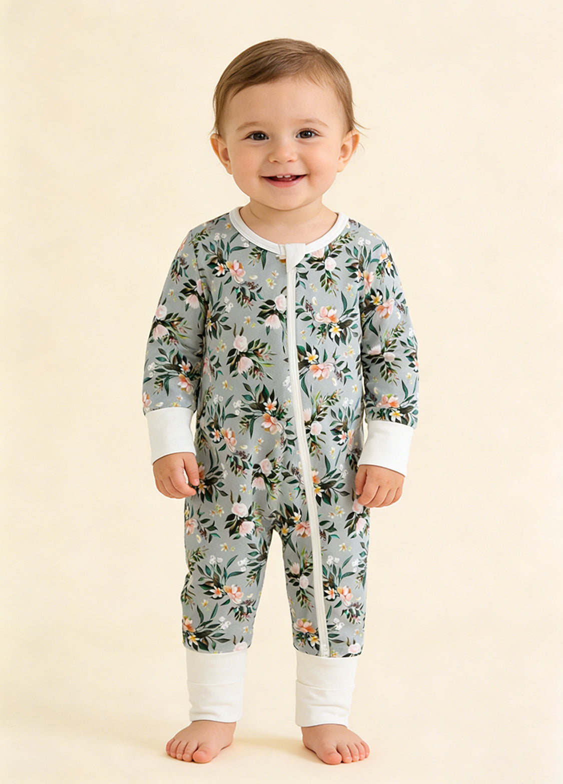 Baby Boy's Bamboo Fiber Floral Zip-Up Romper Pajamas