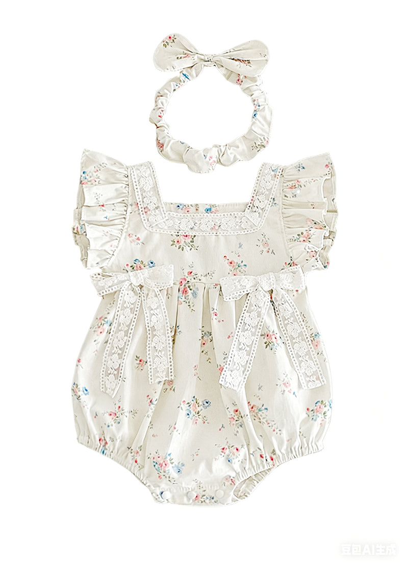 Baby Girl Soft Cotton Floral Romper with Headband