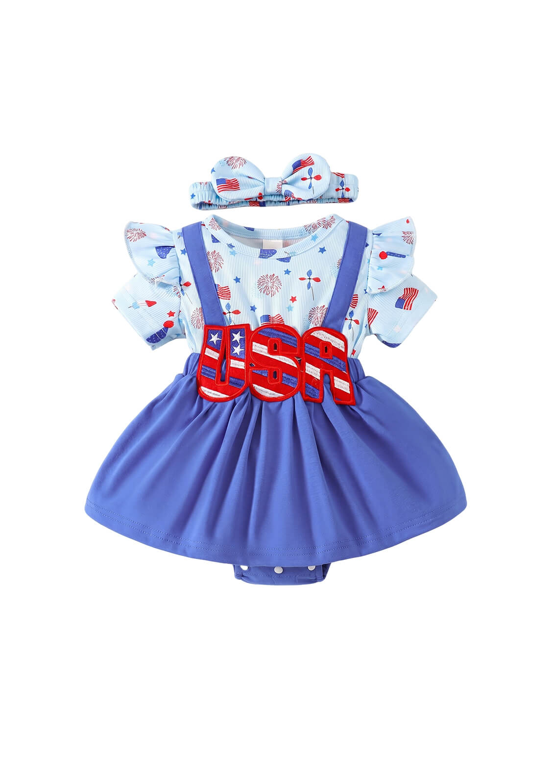 Baby Girls 4th of July Patriotic Skirted Romper Infant USA Letter Sequin Patch Dress Bodysuit with Headband Set