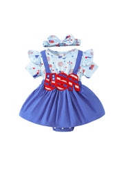 Baby Girls 4th of July Patriotic Skirted Romper Infant USA Letter Sequin Patch Dress Bodysuit with Headband Set