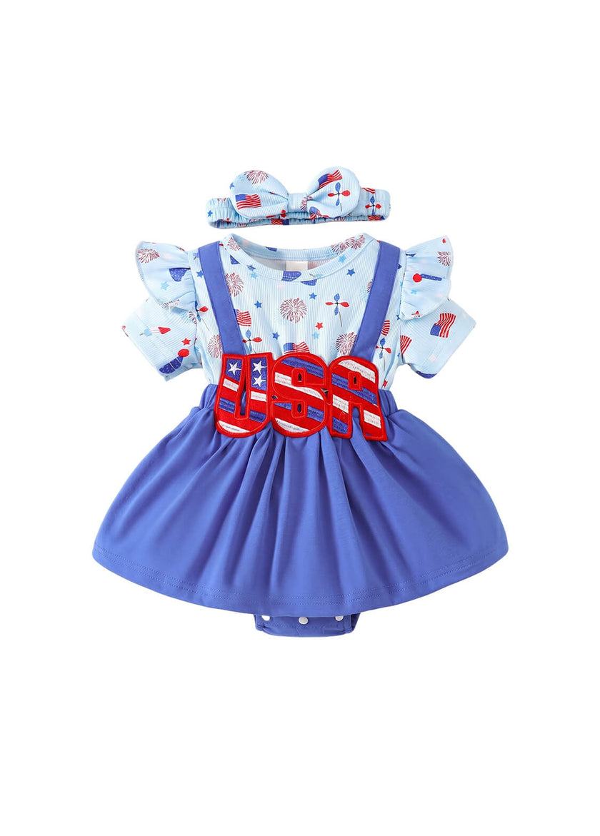 Baby Girls 4th of July Patriotic Skirted Romper Infant USA Letter Sequin Patch Dress Bodysuit with Headband Set