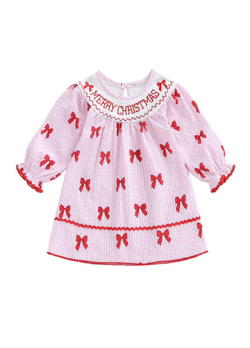 Girls Cute Bow-print Long-sleeved Dress