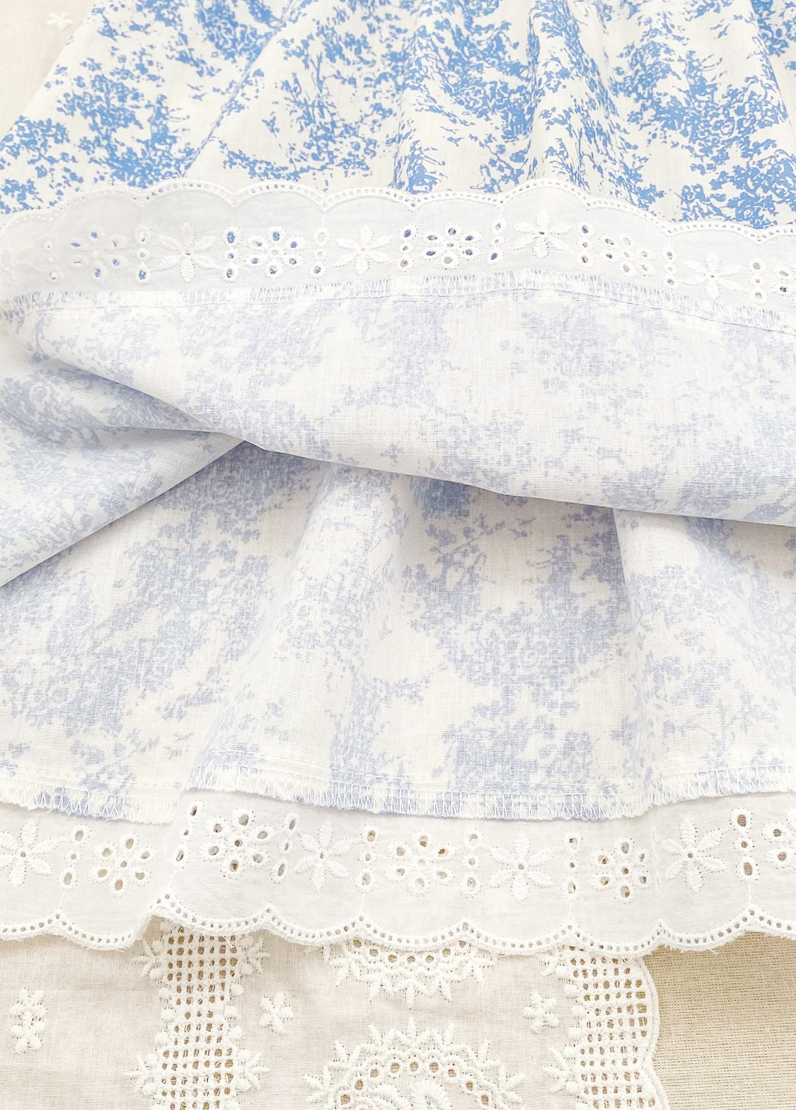 Girls Sweet Blue Floral Lace Ruffles Dollar Collar Dress