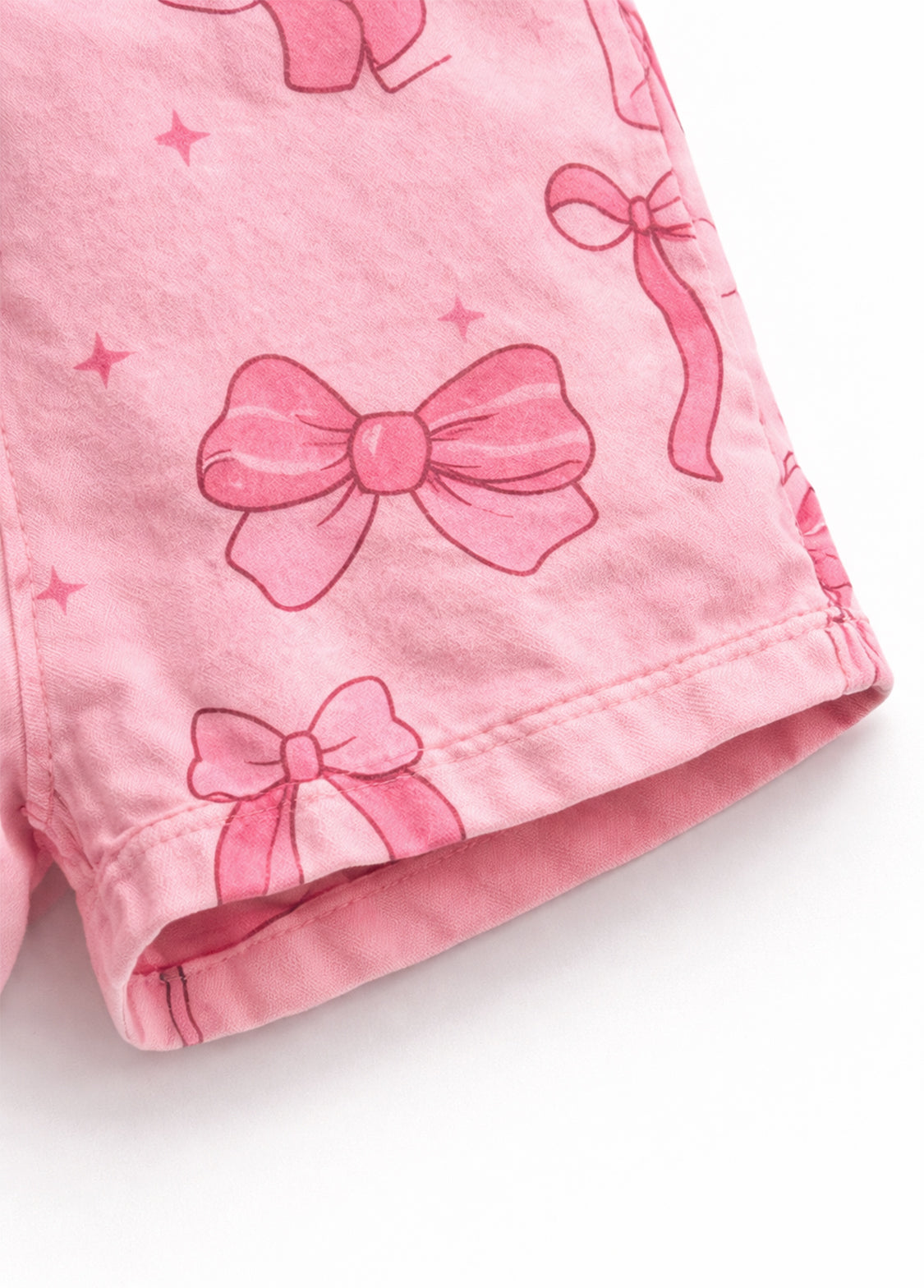 Girls Bow Print Denim Overall Shorts