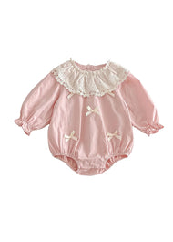 Baby Girl Cute Bow Tie Lace Trim Puff Sleeve Romper