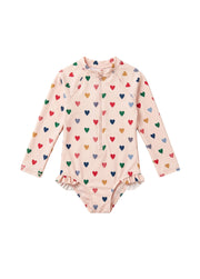 Girls' Swimsuit: Toddler & Kids' One-Piece Long-Sleeve Swimwear with Small Heart Print — Sun-Protective & Quick-Drying