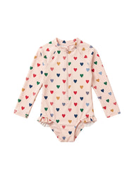 Girls' Swimsuit: Toddler & Kids' One-Piece Long-Sleeve Swimwear with Small Heart Print — Sun-Protective & Quick-Drying