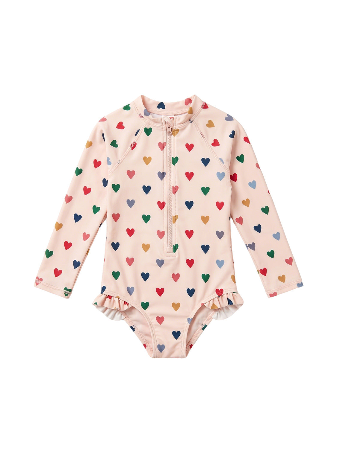 Girls' Swimsuit: Toddler & Kids' One-Piece Long-Sleeve Swimwear with Small Heart Print — Sun-Protective & Quick-Drying