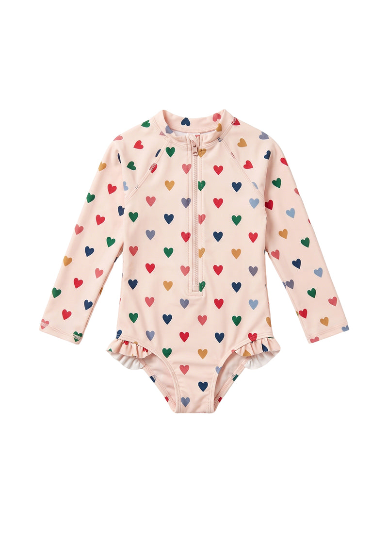 Girls' Swimsuit: Toddler & Kids' One-Piece Long-Sleeve Swimwear with Small Heart Print — Sun-Protective & Quick-Drying