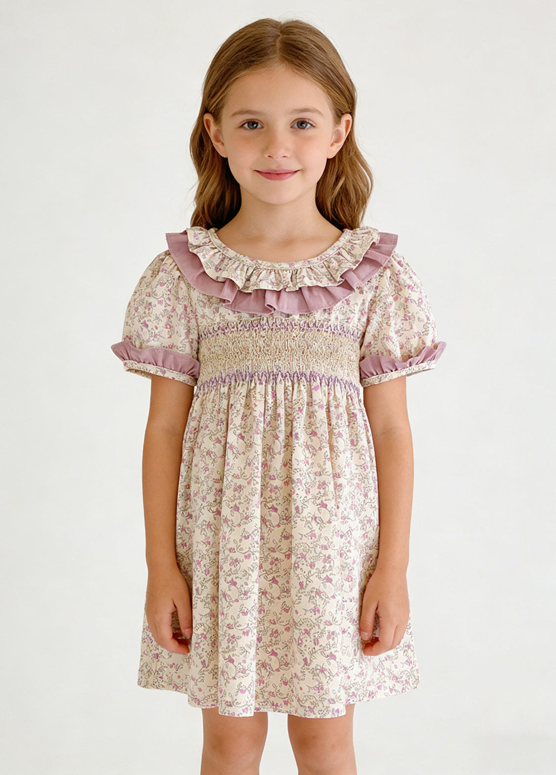 Girls Sweet Floral Double-layered Ruffled Puff Sleeve Dress