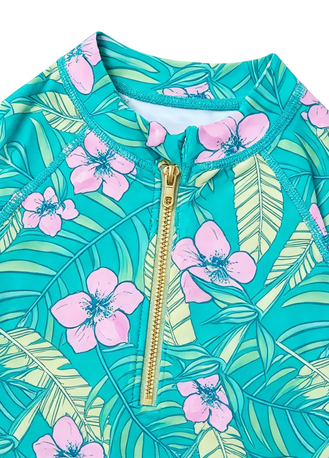 Girls' Long-Sleeve One-Piece Swimsuit Set — Tropical Floral & Leaf Print, Includes Swim Cap — Sun Protection & Quick-Drying