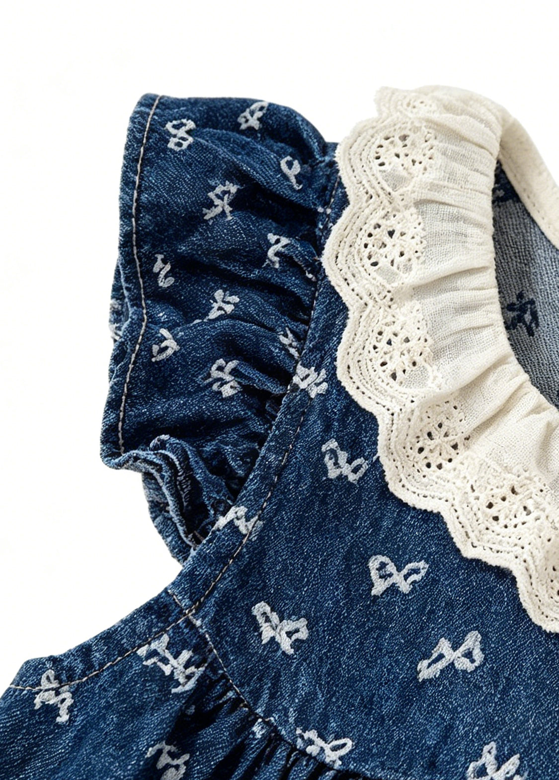 Girls Sweet Denim Bow Print Lace Dollar Collar Dress