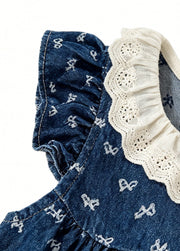 Girls Sweet Denim Bow Print Lace Dollar Collar Dress