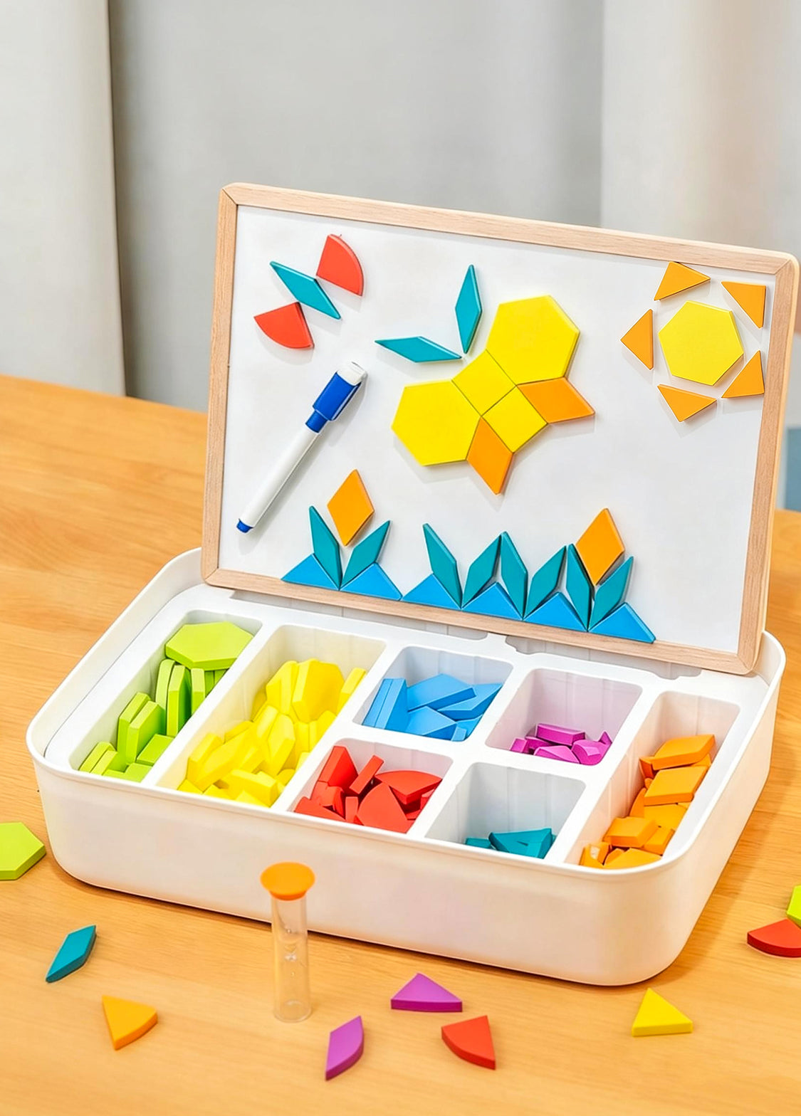 Magnetic Wooden Pattern Blocks Set – Montessori STEM Geometry Learning Toy for Kids 3+