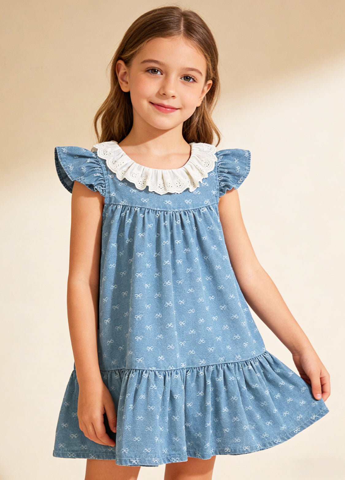 Girls Sweet Denim Bow Print Lace Dollar Collar Dress