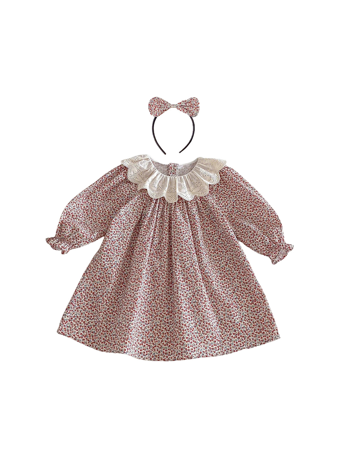 Girls Sweet Floral Dollar Collar Dress With Headband
