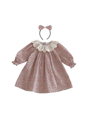 Girls Sweet Floral Dollar Collar Dress With Headband