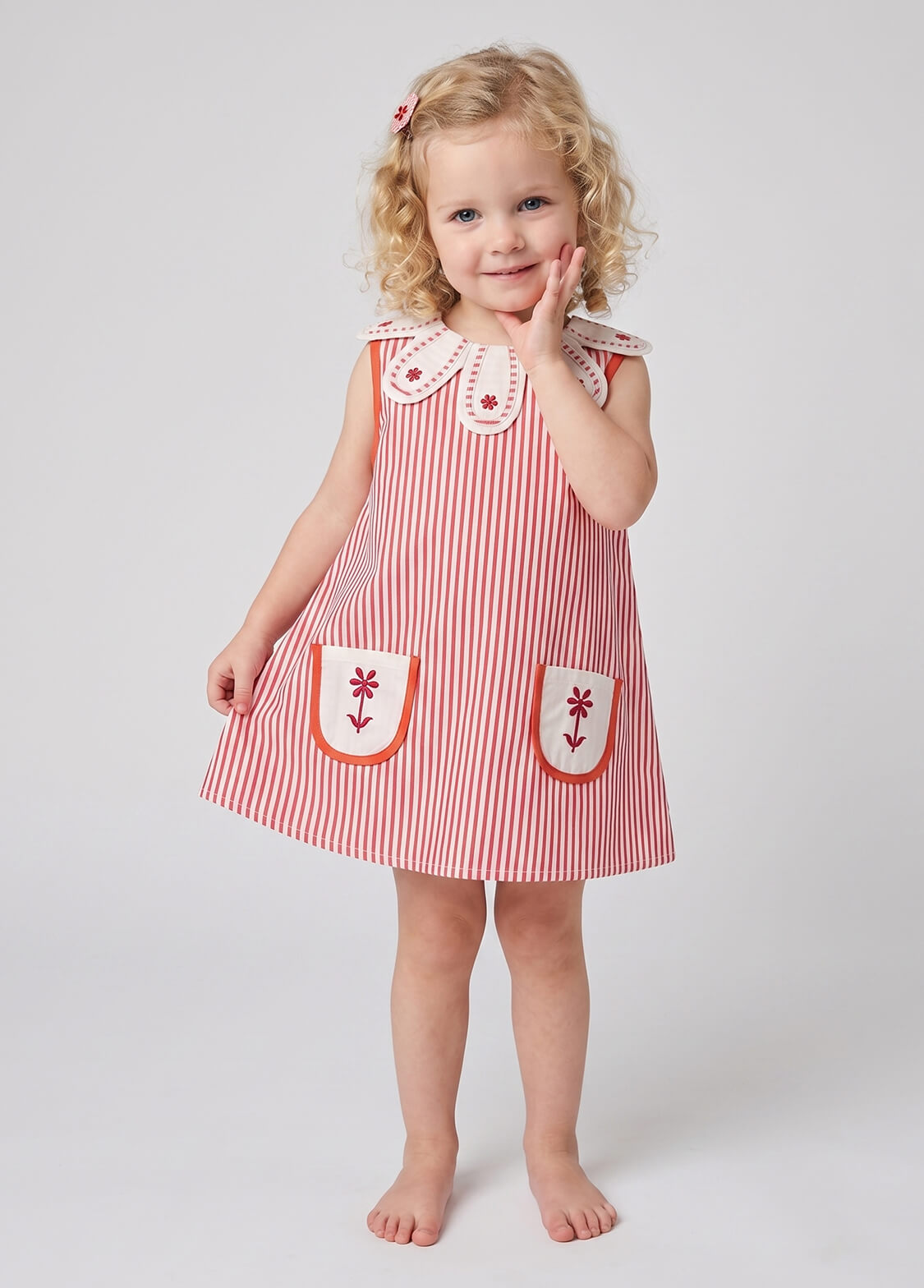 Girls Summer Vertical Striped Sleeveless Dress Toddler Petal Collar A-Line Sundress with Flower Embroidered Pockets
