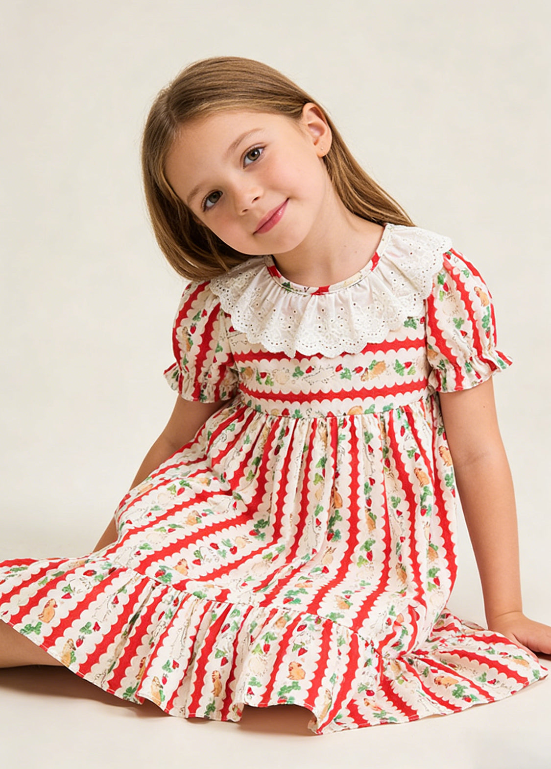 Girls Cotton Lace Rabbit & Carrot Print Dress