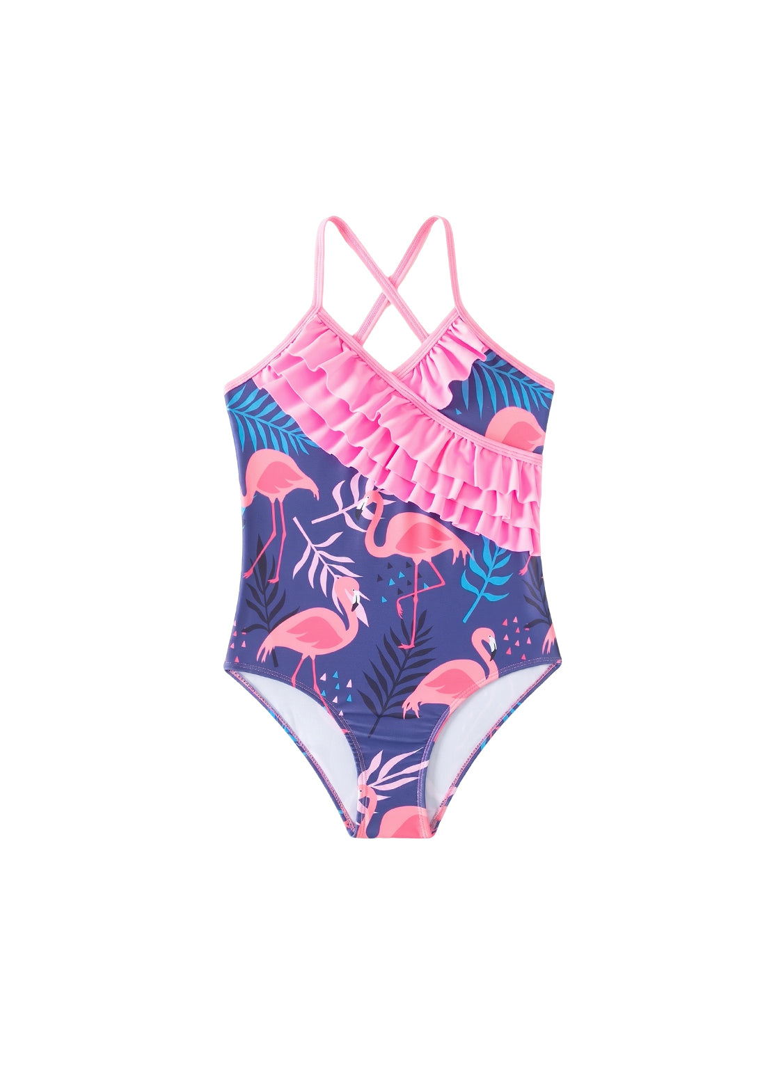 Girls' One-Piece Swimsuit — Ruffled, Flamingo Print Beachwear